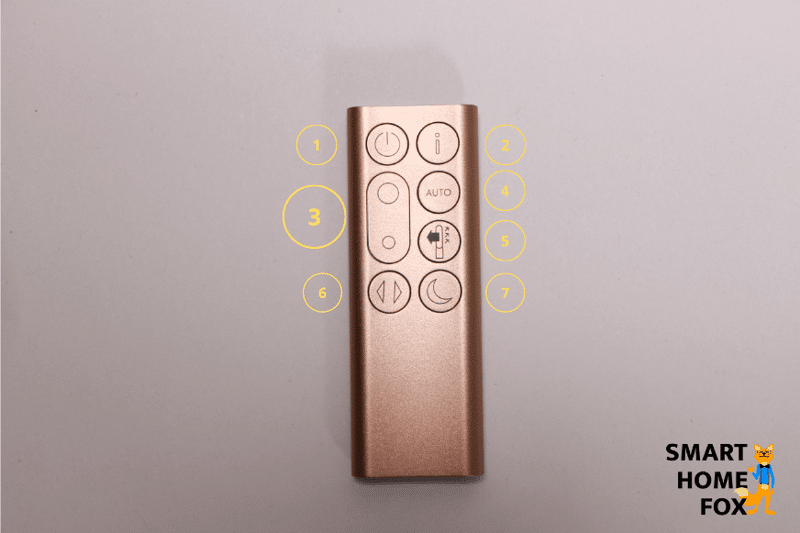 Пульт дистанционного управления Dyson Purifier Cool Formaldehyde TP09 лежит на столе, а кнопки пронумерованы от 1 до 7.